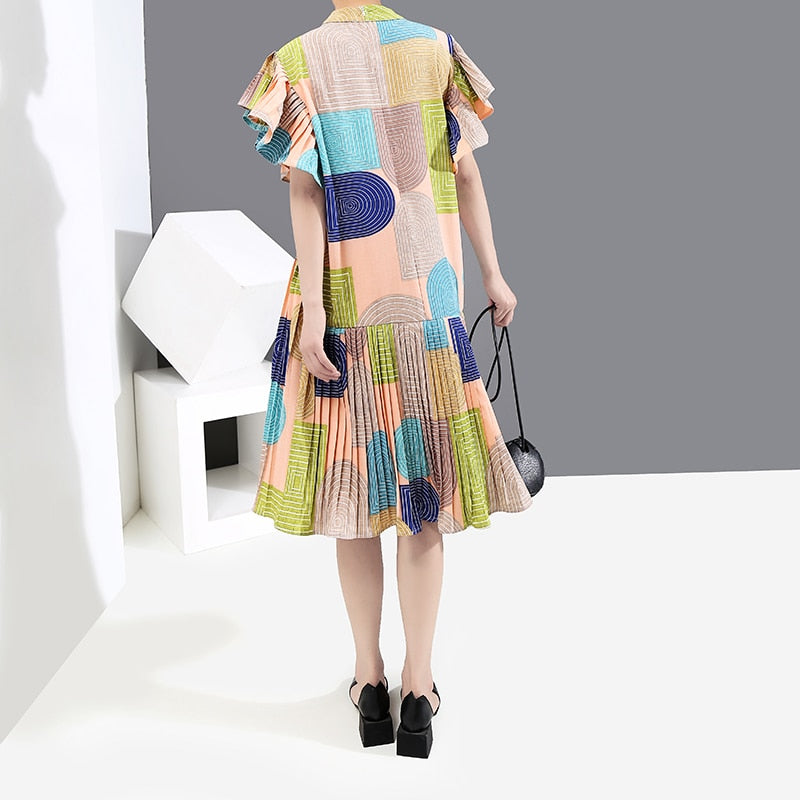 Dam Midiklänning Geometrisk Design med Fjärilärmar i Bomull och Viskos-3
