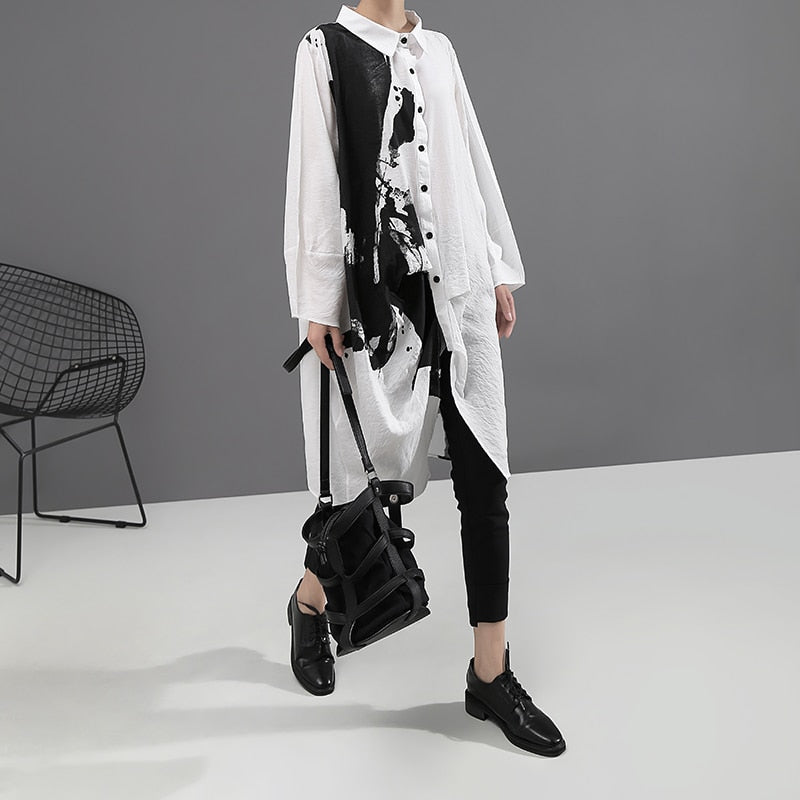 Kvinnor Långskjorta Löst Snitt Bomull-Rayon med Vikbar Krage och Kreativ Tryckdesign-3
