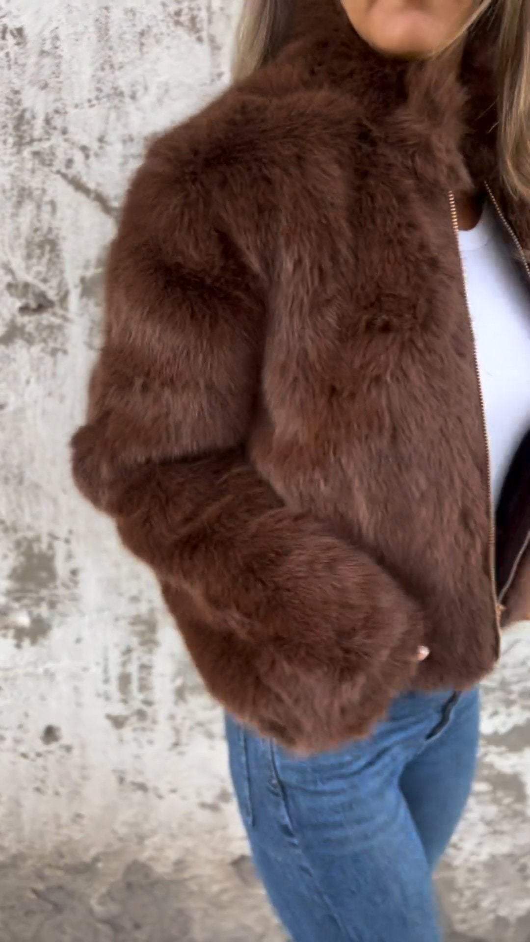 Kort Vinterjacka Dam Syntetisk Päls med Hög Krage-4