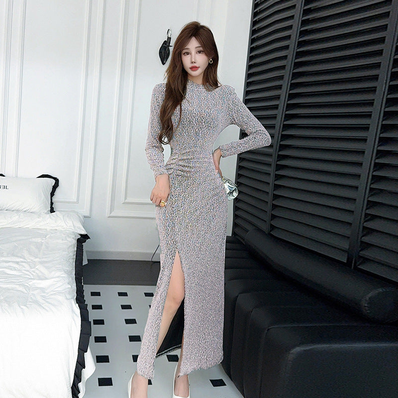 Kvinna Lång Klänning Med Krage och Slits Polyester 1