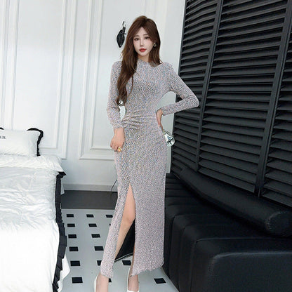 Kvinna Lång Klänning Med Krage och Slits Polyester 1