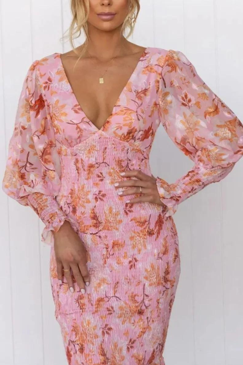 Kvinna Midi Klänning Blommönster Långärmad Polyester V-Ringning 1