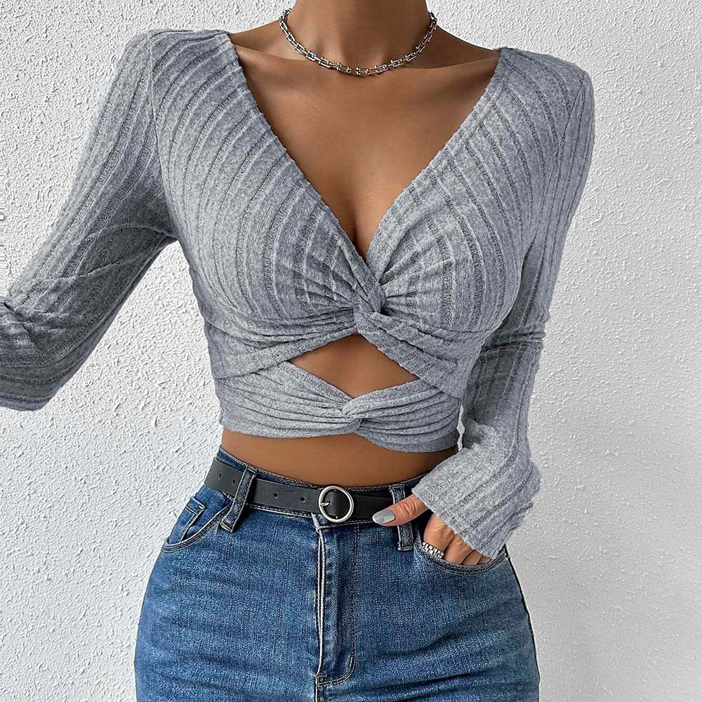 Kvinnors Blus Djup V-Hals Knutdesign Mjuk Tyg 0