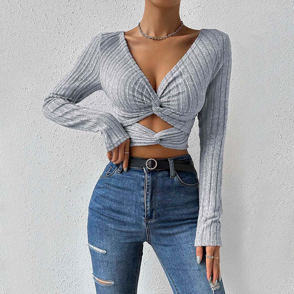 Kvinnors Blus Djup V-Hals Knutdesign Mjuk Tyg 2