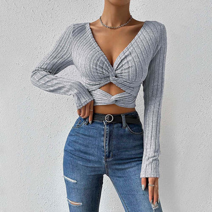 Kvinnors Blus Djup V-Hals Knutdesign Mjuk Tyg 2