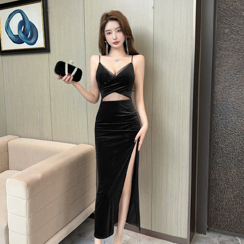 Kvinnors Cami Klänning Delad Midja Sammet 0