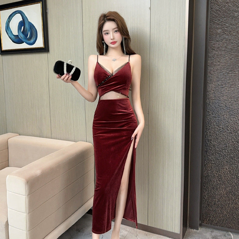 Kvinnors Cami Klänning Delad Midja Sammet 1