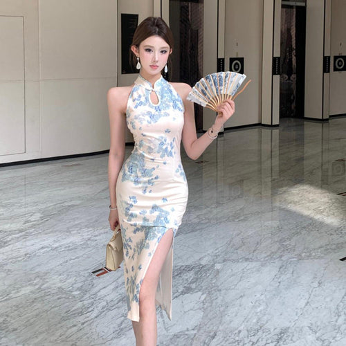 Kvinnors Cheongsam Klänning Vintage Patchwork Utan Ärmar Högkvalitativt Tyg 0