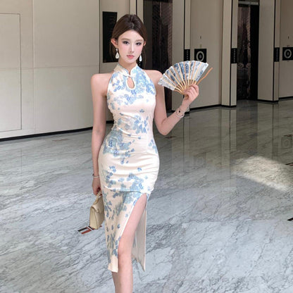 Kvinnors Cheongsam Klänning Vintage Patchwork Utan Ärmar Högkvalitativt Tyg 1