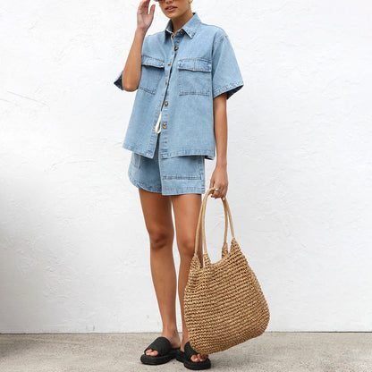 Kvinnors Fritidsdräkt Kortärmad Denim Set Vintage 2