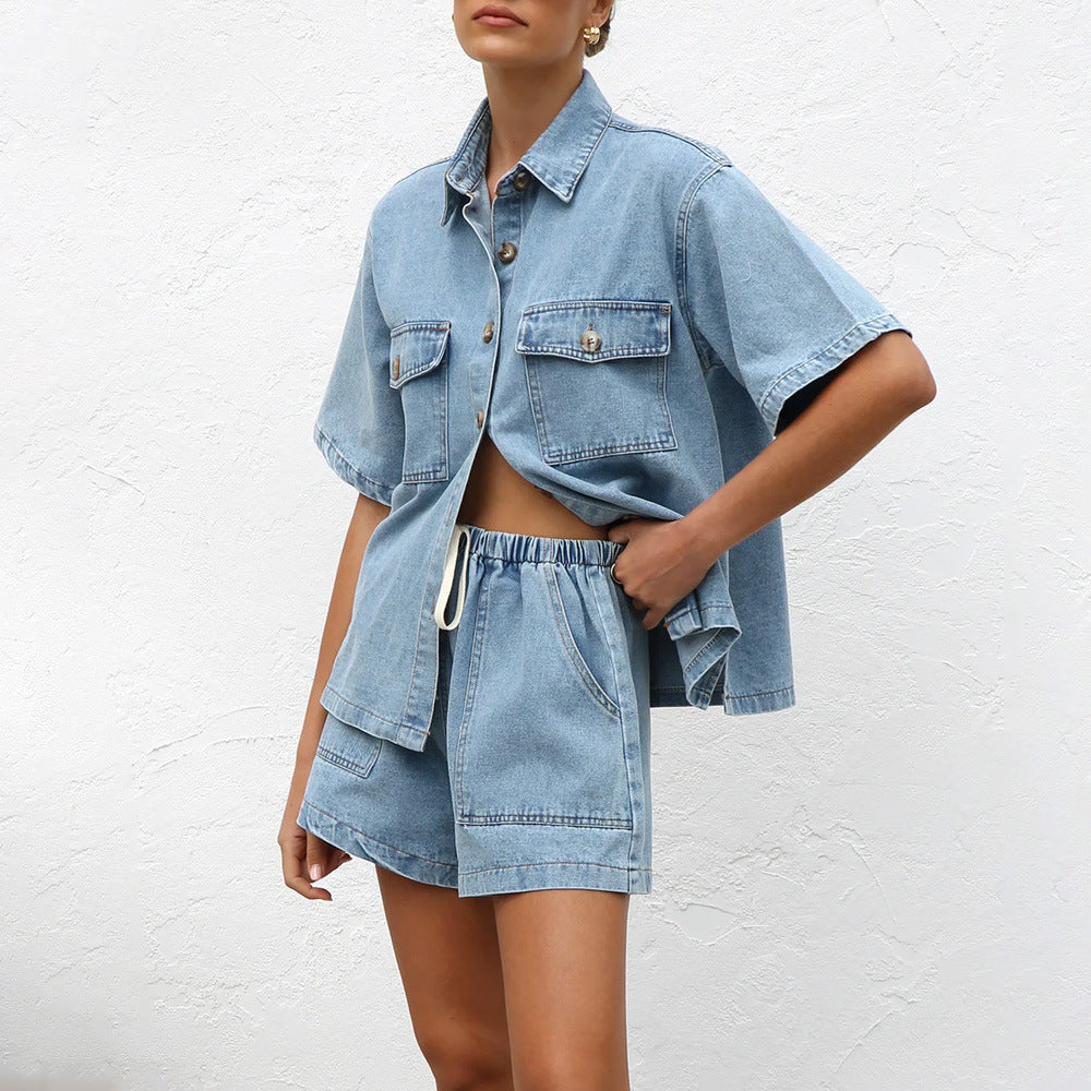 Kvinnors Fritidsdräkt Kortärmad Denim Set Vintage 3