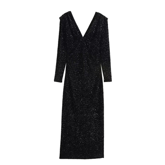 Kvinnors Klänning V-ringning Långa Ärmar Paljetter 0