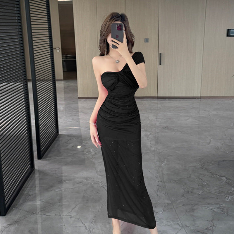Kvinnors Lång Klänning En Axel Spaghetti Nät Spandex 3