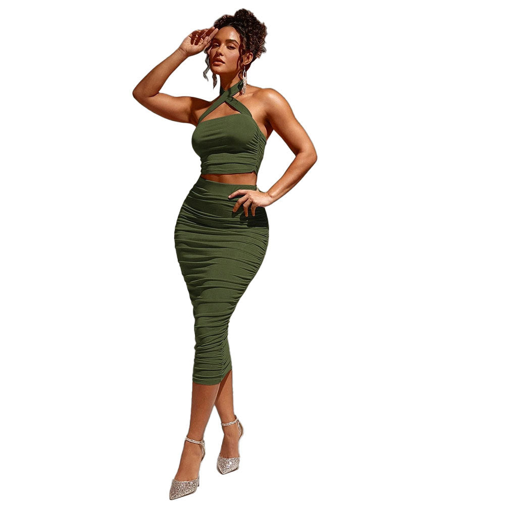 Kvinnors Midi Kjol och Crop Top Ribbstickad Elastisk Design 5