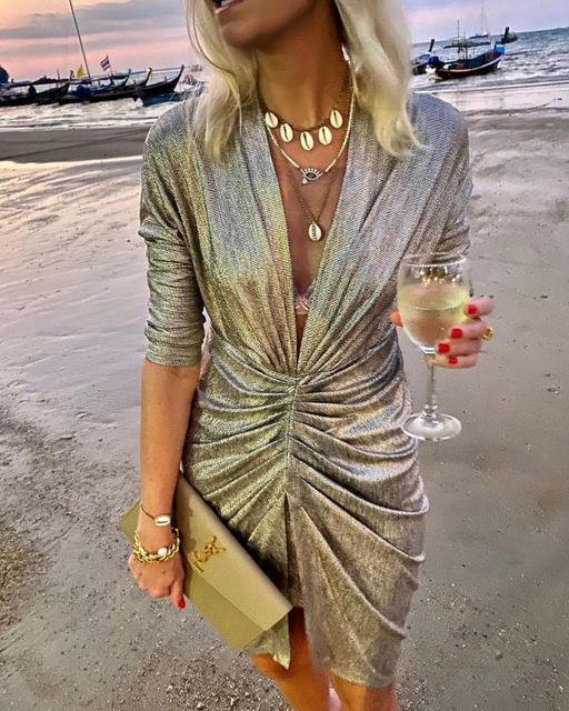 Kvinnors Mini Klänning Djup V-ringning Långärmad Polyester 8