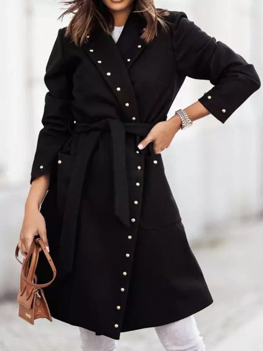 Svart Lång Kappa för Damer med Reversknapp – Vinterkappa i Polyester och Bomull för Eleganta Höst- och Vintersstylingar 1
