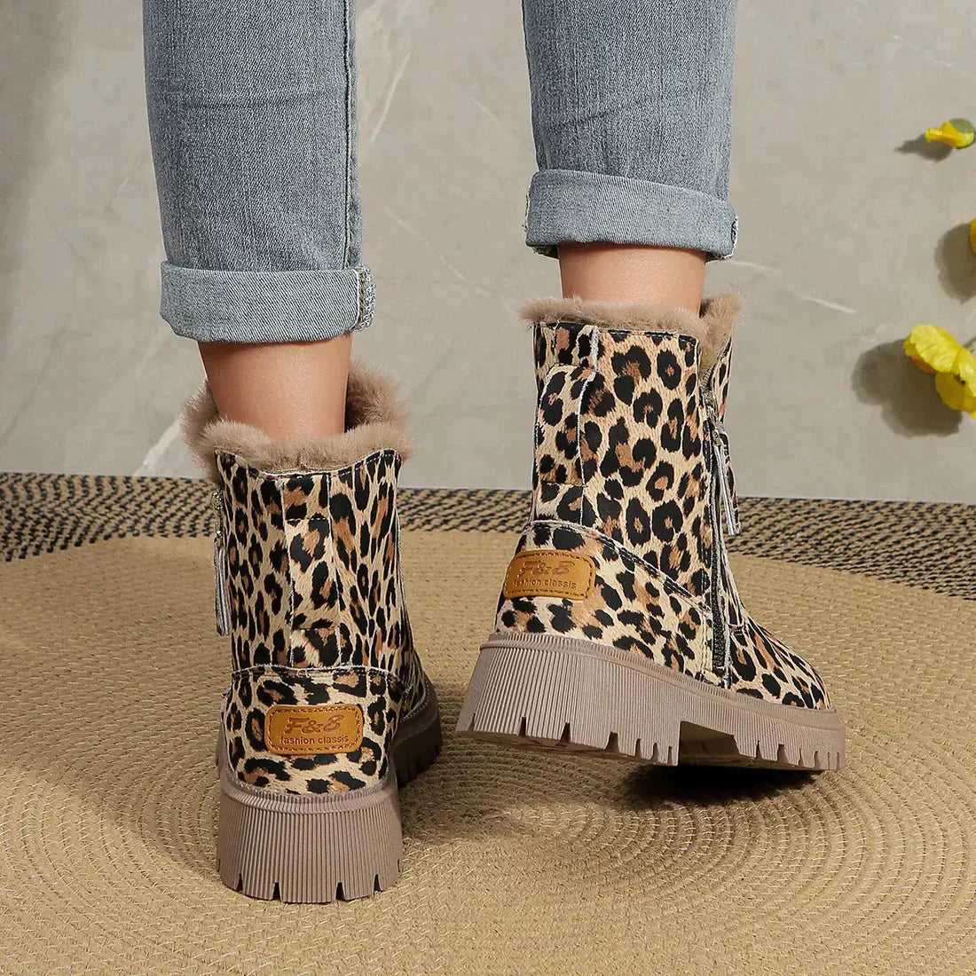 Kvinnors Leopardstövlar Chic Läder och Tyg-5