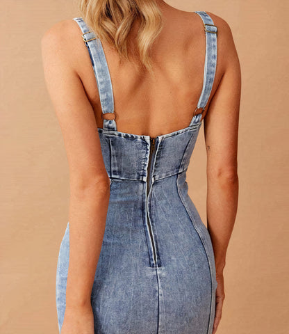 Dam Klänning Justerbara Remmar Denim Fina Dam Klänningar-5