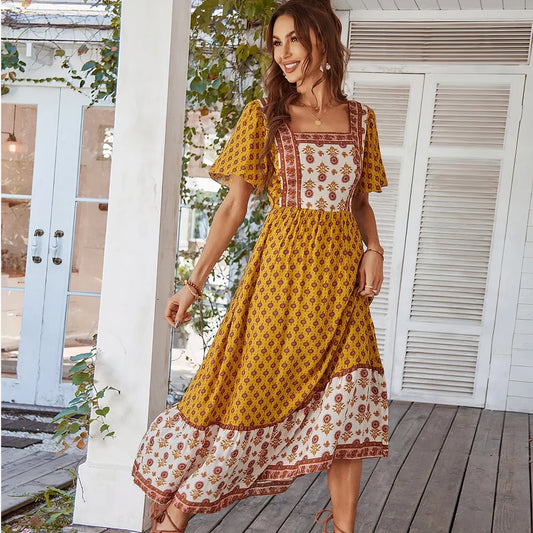 Damklänning Vintage Blommönster Flödande Silhuett Polyester-1