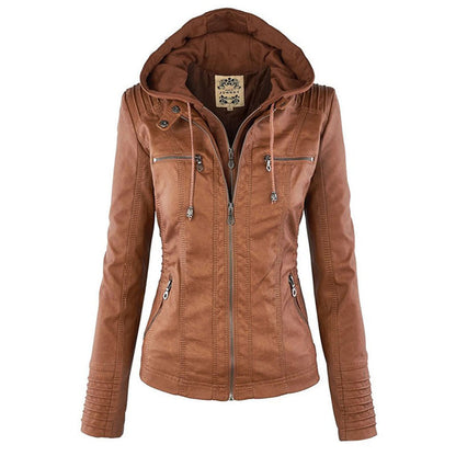 Damen-Mantel, elegantes PU-Leder, modernes Design, mit abnehmbarer Kapuze-1