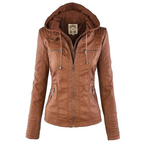 Damen-Mantel, elegantes PU-Leder, modernes Design, mit abnehmbarer Kapuze-1