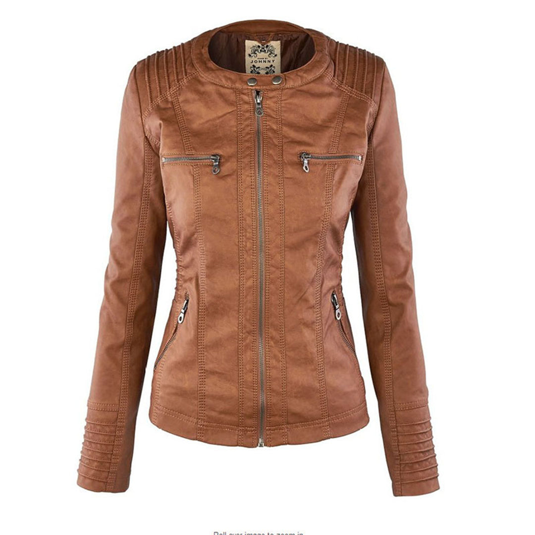 Damen-Mantel, elegantes PU-Leder, modernes Design, mit abnehmbarer Kapuze-3