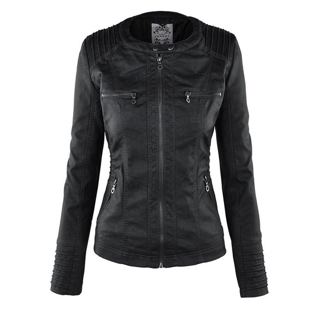 Damen-Mantel, elegantes PU-Leder, modernes Design, mit abnehmbarer Kapuze-6