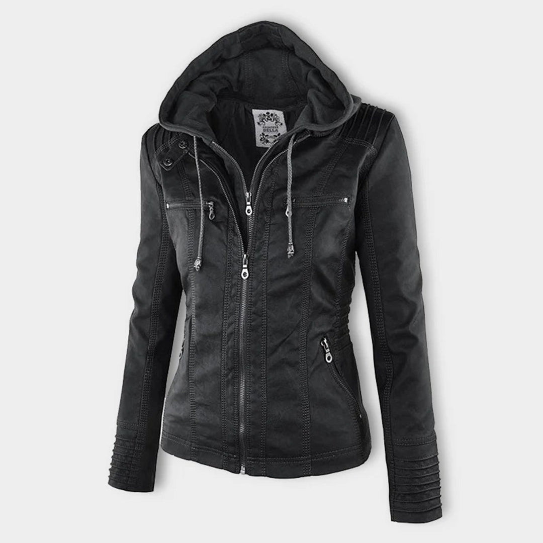 Damen-Mantel, elegantes PU-Leder, modernes Design, mit abnehmbarer Kapuze-5