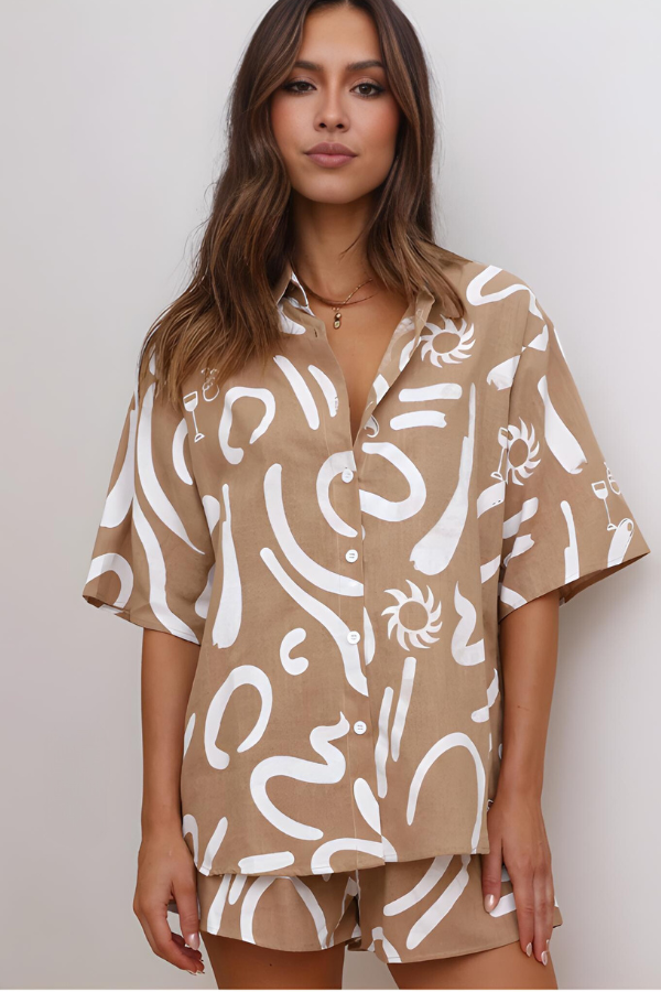 Tvådelat Set Dam Avslappnad Knapp-Up Skjorta och Högklippta Shorts Mjuk Tygblandning 10