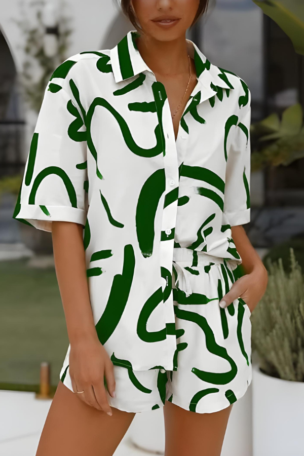 Tvådelat Set Dam Avslappnad Knapp-Up Skjorta och Högklippta Shorts Mjuk Tygblandning 16