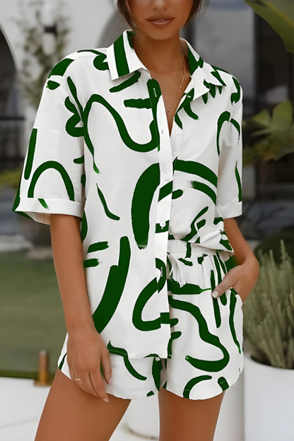 Tvådelat Set Dam Avslappnad Knapp-Up Skjorta och Högklippta Shorts Mjuk Tygblandning 16