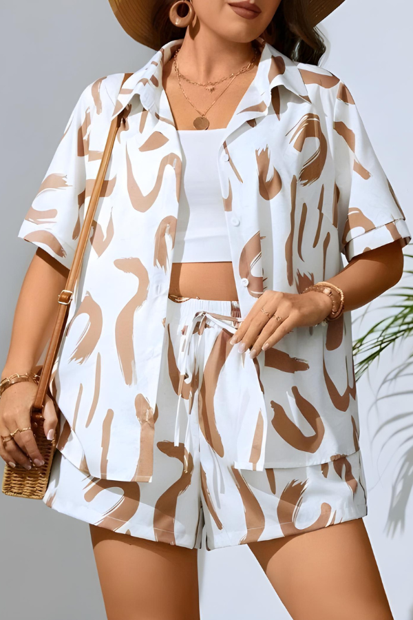 Tvådelat Set Dam Avslappnad Knapp-Up Skjorta och Högklippta Shorts Mjuk Tygblandning 15