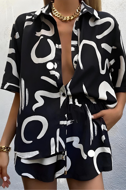 Tvådelat Set Dam Avslappnad Knapp-Up Skjorta och Högklippta Shorts Mjuk Tygblandning 12