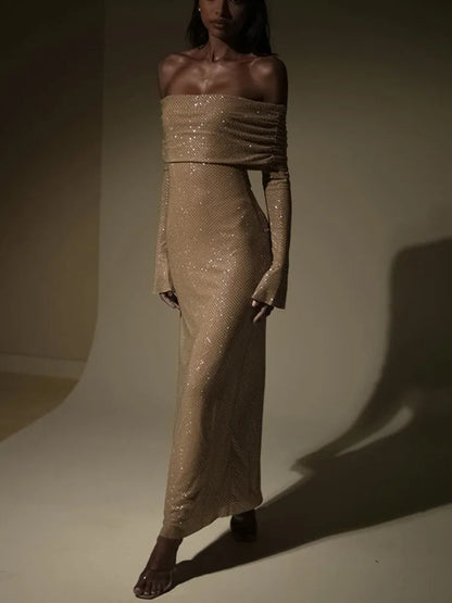 Lång Klänning Dam Glittrande Polyester Maxiklänning Ankellängd 3