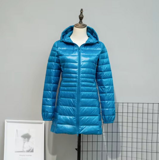 Lång Pufferjacka Dam Med Huva Polyester Vattentålig 0