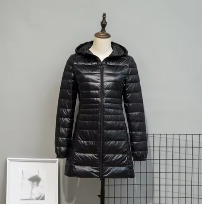 Lång Pufferjacka Dam Med Huva Polyester Vattentålig 1