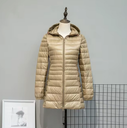 Lång Pufferjacka Dam Med Huva Polyester Vattentålig 2