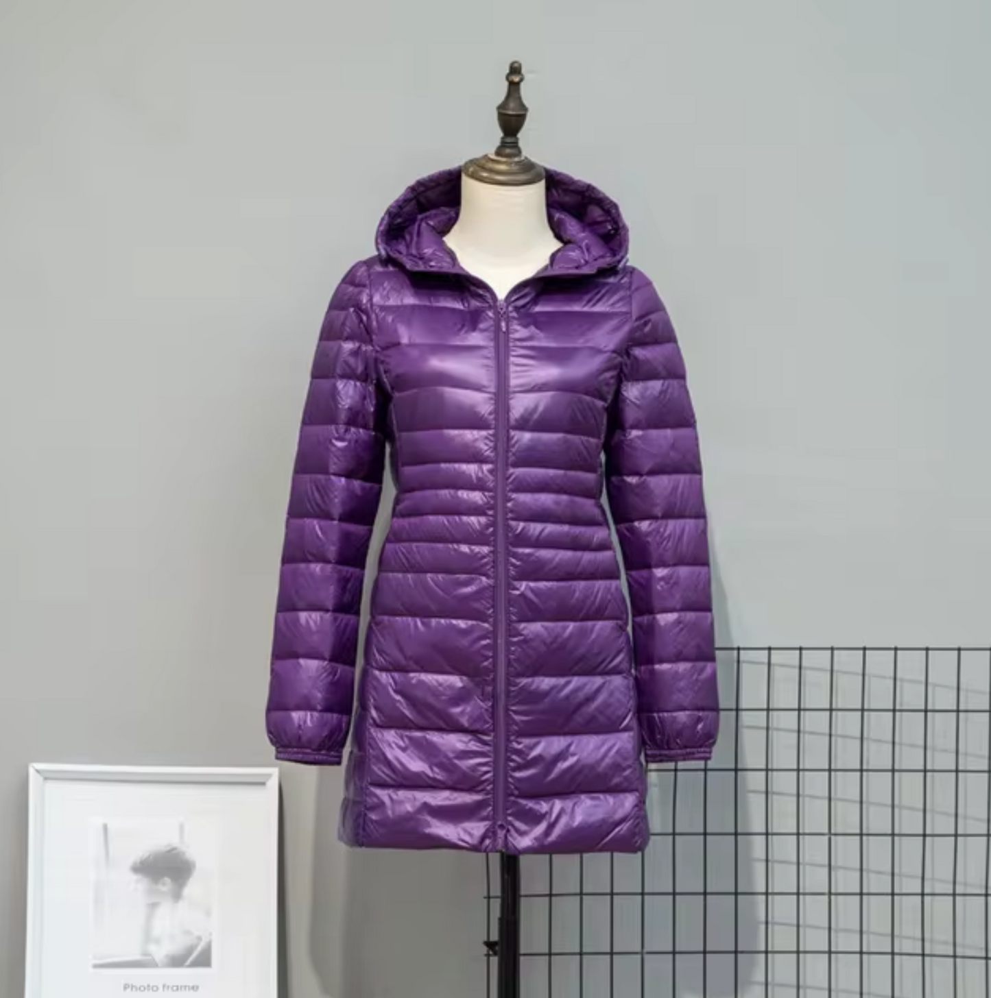 Lång Pufferjacka Dam Med Huva Polyester Vattentålig 8