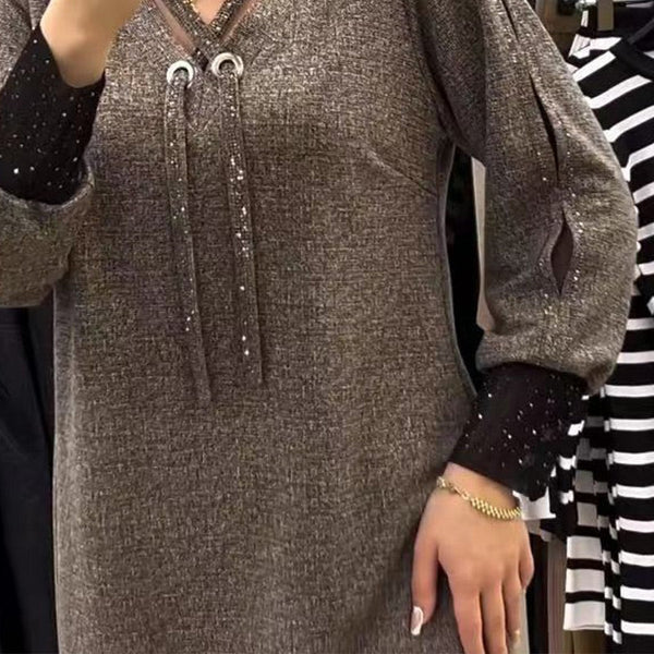 Dam Midi Klänning Löst Fit V-Ringning med Lykta Ärmar 100% Polyester-2