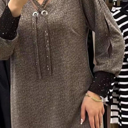 Dam Midi Klänning Löst Fit V-Ringning med Lykta Ärmar 100% Polyester-2