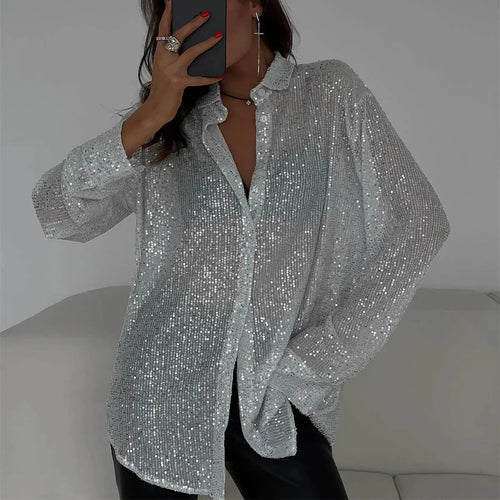 Kvinnors Långärmad Glittrig Topp med Paljetter för Fest-1