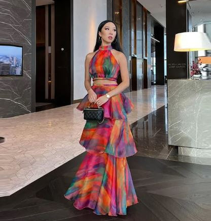 Långklänning Dam med Halsringning i Lätt Material för Fest och Avslappnade Tillfällen 0