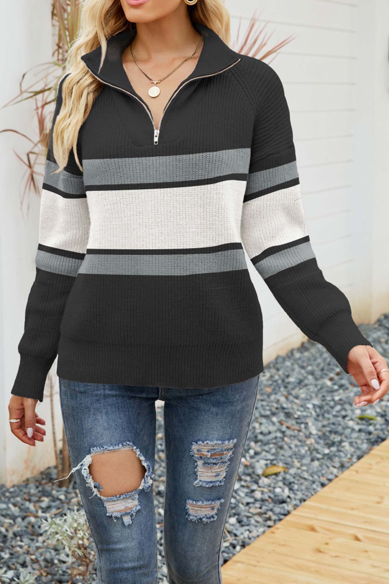 Variant image for Dam Tröja Långärmad Randig med Blixtlåskrage Mjuk Tyg-5