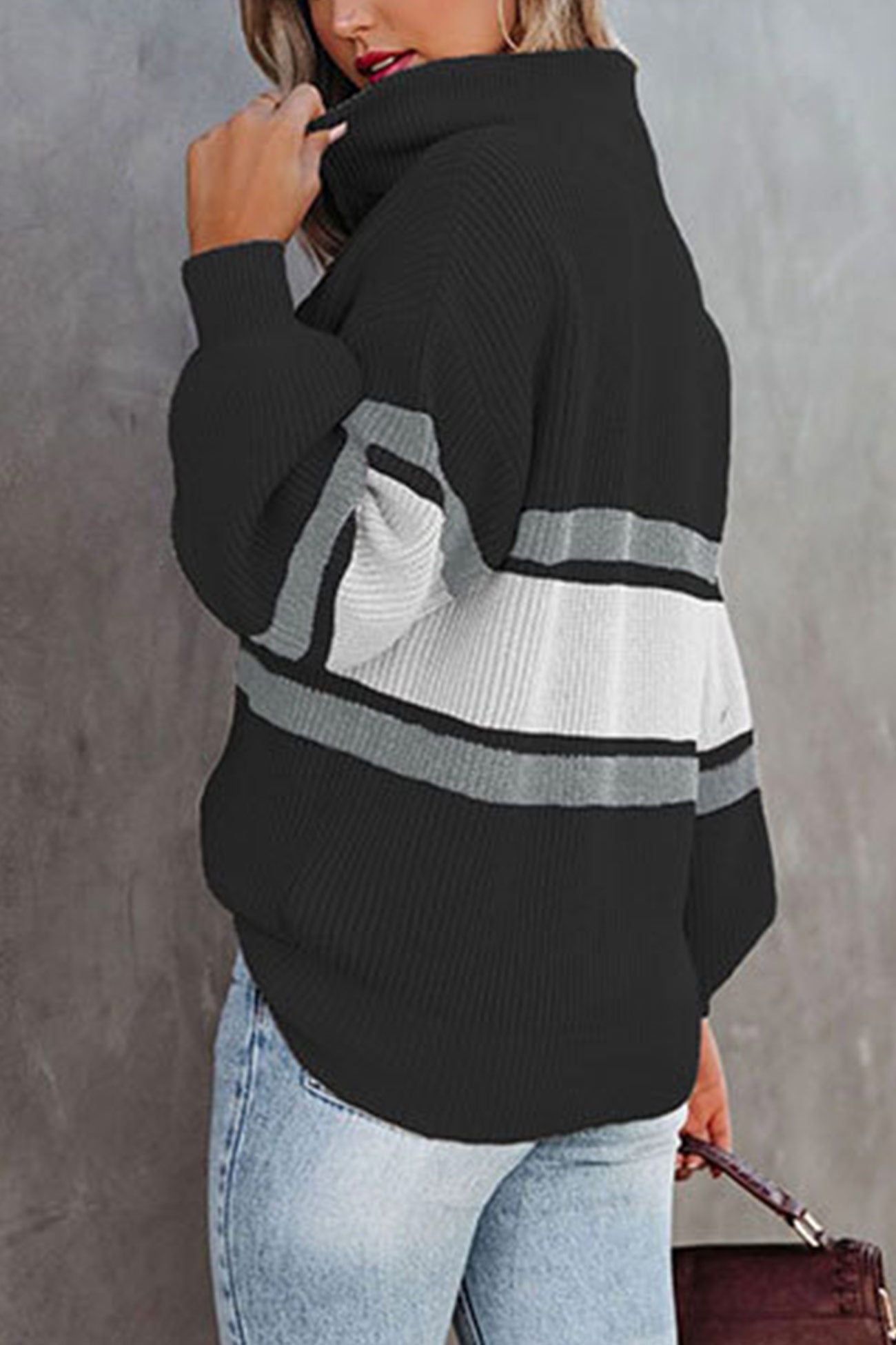 Dam Tröja Långärmad Randig med Blixtlåskrage Mjuk Tyg-6