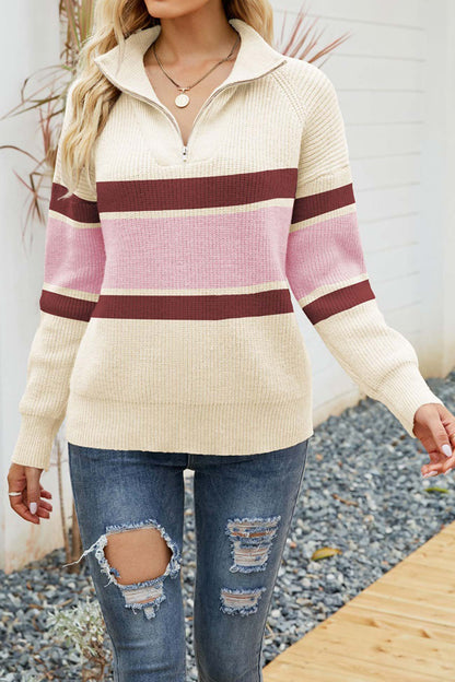 Dam Tröja Långärmad Randig med Blixtlåskrage Mjuk Tyg-1