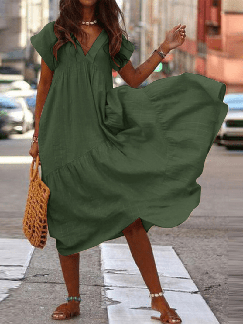 Fina Dam Klänningar V-ringning Lätt Bomull Loose Fit-5
