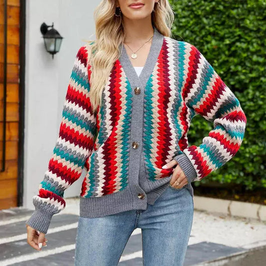 Dam Kardigan Patchwork V-Cutout Bomull Polyester-1