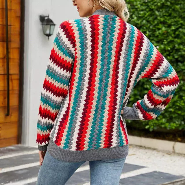 Dam Kardigan Patchwork V-Cutout Bomull Polyester-2