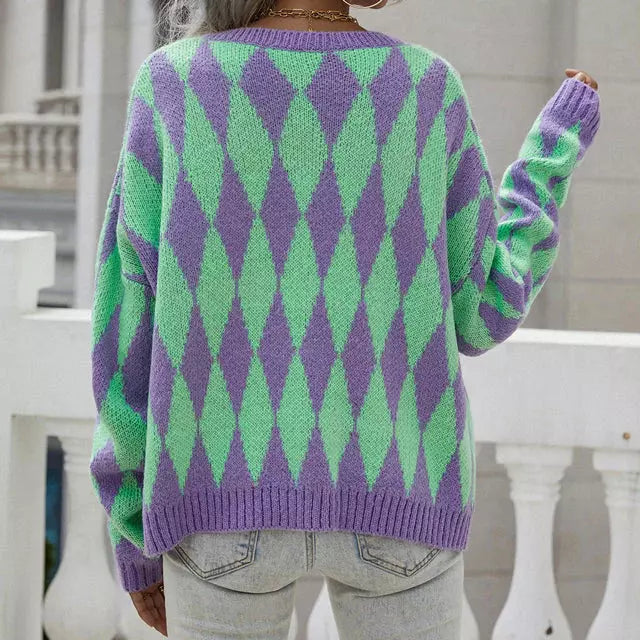 Dam Lång Kofta Geometrisk Design i Bomull och Akryl-3