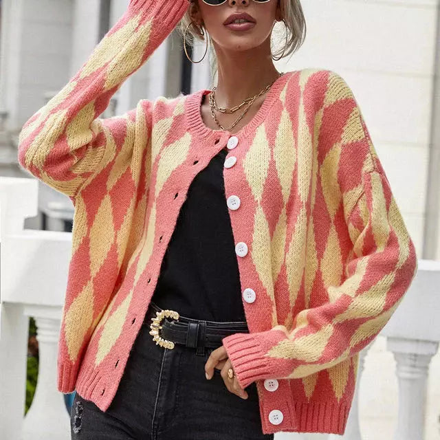 Dam Lång Kofta Geometrisk Design i Bomull och Akryl-4